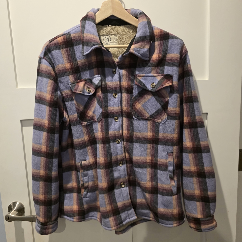Sage Collective SHERPA LINED FLEECE JACKET SHACKET Purple Plaid Pockets Large